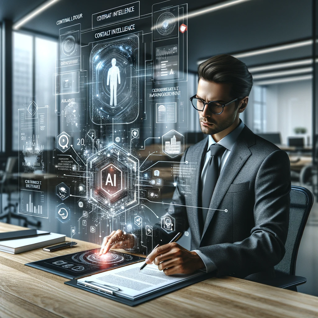DALL·E 2024-02-19 12.40.24 - Craft a realistic and sophisticated image showing a professional using an AI-driven solution for commercial real estate contract management, without a