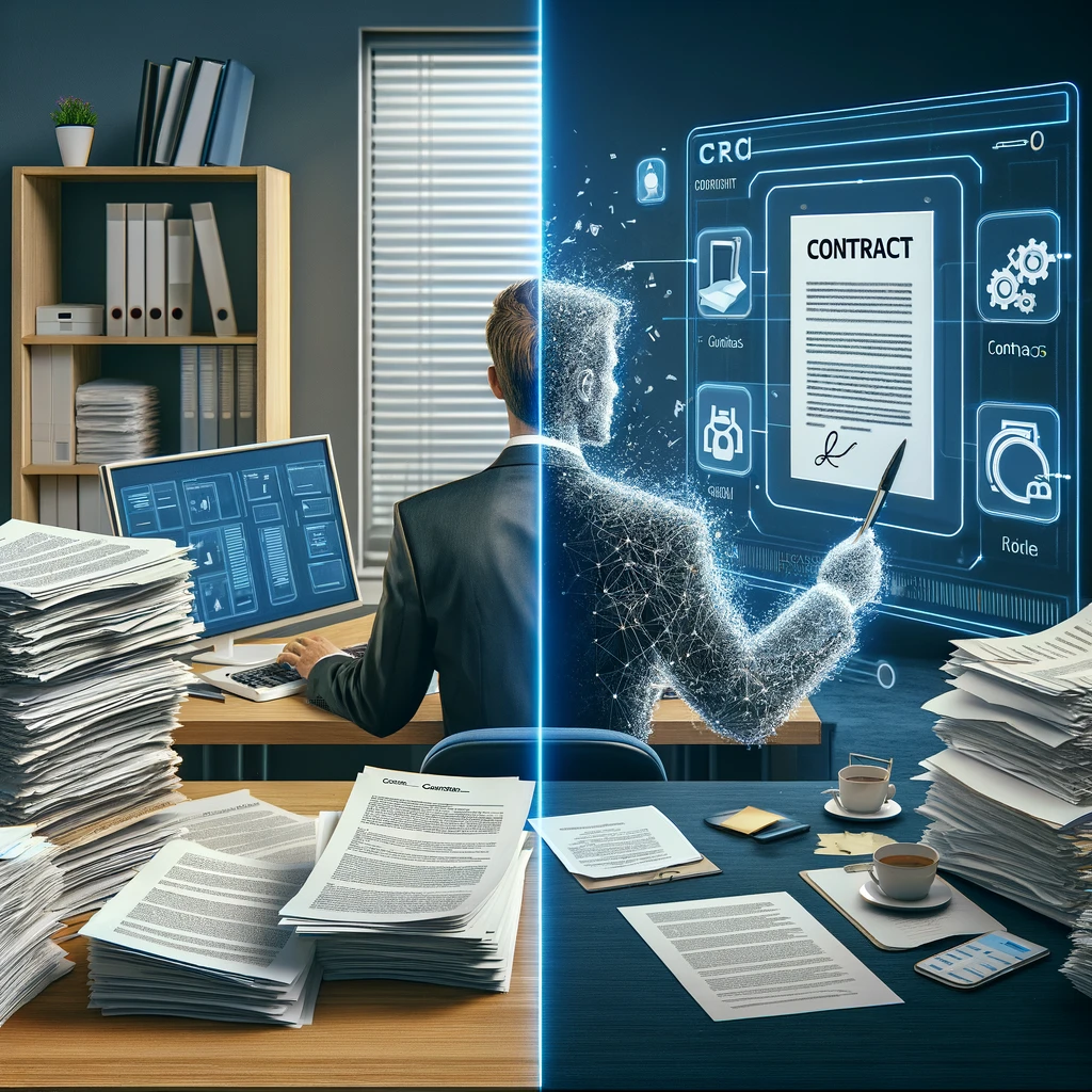 DALL·E 2024-02-19 12.55.00 - Create an image of a CRE professional at a desk, interacting with a ContractIO AI interface. The scene should be a realistic office setting, split int-1
